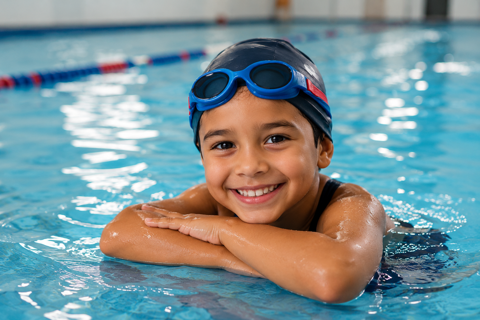 Aluno sorrindo na piscina da Aquademic